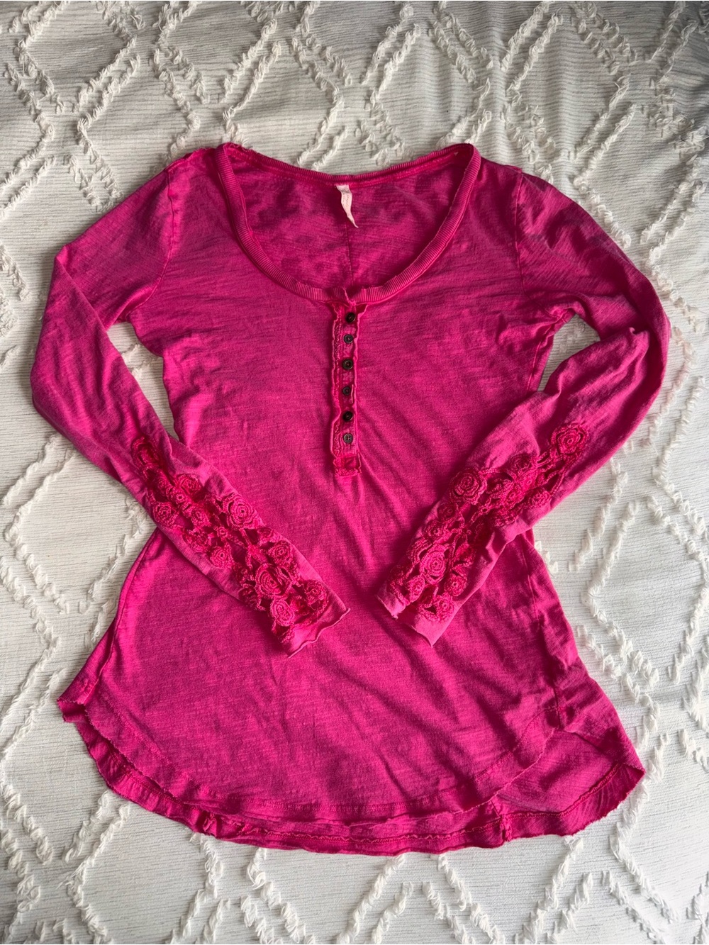Free People Hot Pink Lace-Sleeve Henley Long Sleeve Top